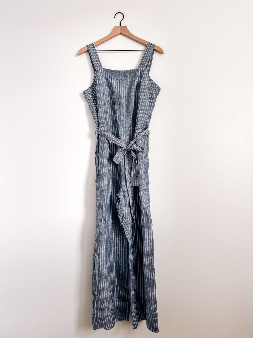 Quince 100% Linen Striped Square Neck Belted Jumpsuit Size Medium